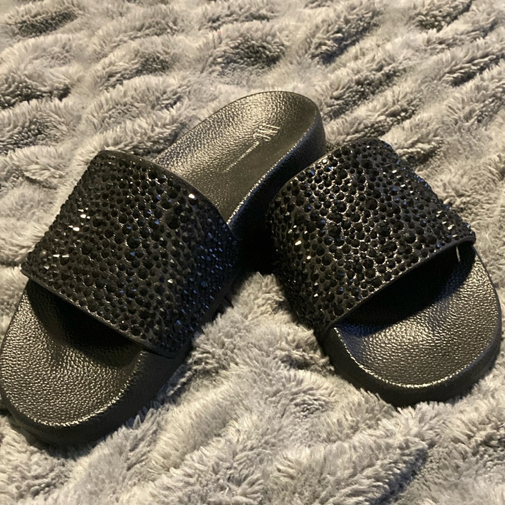 Elegant Black Rhinestone Slide Sandals